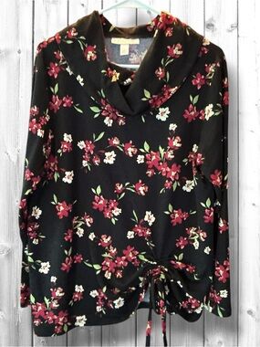 🌼Emaline Black Floral Cowl-Neck Blouse with Drawstring